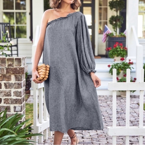 LAKE Dresses & Skirts - Lake Pajamas Milly Midi Dress Maxi One Shoulder Navy Linen Blue Resortwear